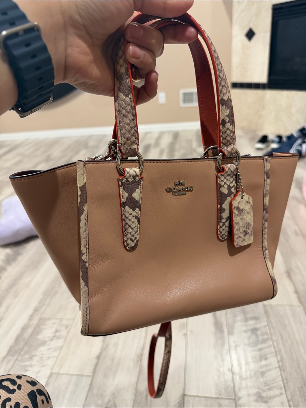Coach Beige Leather Shoulder Bag with Snakeskin Accents